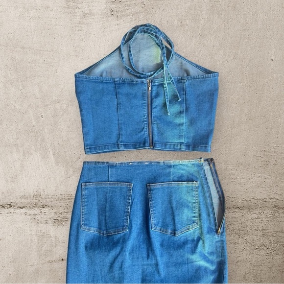 Denim Set High Waist Maxi Skirt Side Slit and cropped top Size M - Picture 10 of 13